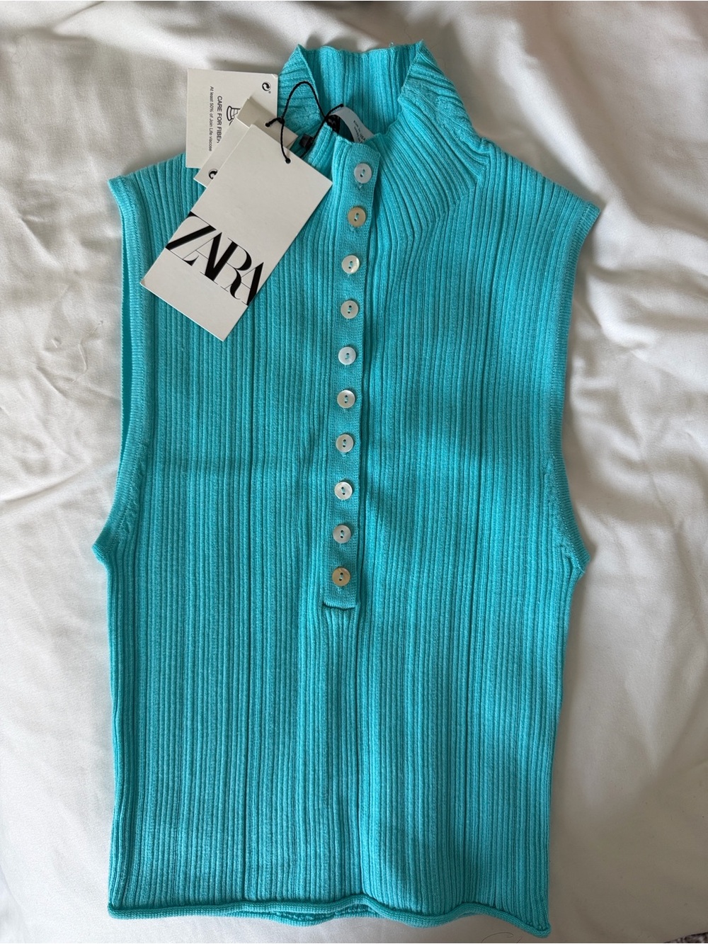 Zara Turquoise Ribbed Sleeveless Button-Front Tank